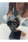 Lee Cooper LC07588.151 Erkek Kol Saati | 48 mm Kafatası Tasarımlı Siyah Kadran, Altın Detaylı Çelik Kasa, Deri Kordon