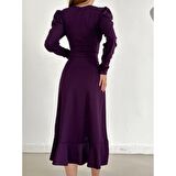 Lucky Life Krep Kumaş Midi Boy Kuşaklı Uzunkol Elbise