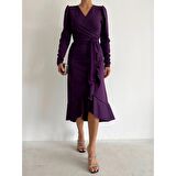 Lucky Life Krep Kumaş Midi Boy Kuşaklı Uzunkol Elbise