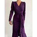 Lucky Life Krep Kumaş Midi Boy Kuşaklı Uzunkol Elbise