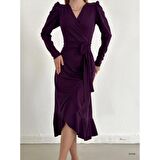 Lucky Life Krep Kumaş Midi Boy Kuşaklı Uzunkol Elbise