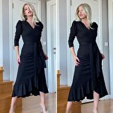 Lucky Life Krep Kumaş Midi Boy Kuşaklı Uzunkol Elbise 113 Cm