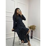 Lucky Life Krep Kumaş Uzun Kollu Tam Boy Puantiyeli Elbise 132 Cm