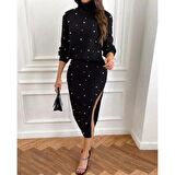 Lucky Life Kadın Eteği Yırtmaçlı Ottoman Kumaş Inci Detaylı Ikili Takım