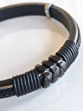 Deri Kordonlu Seramik Taşlı Siyah Erkek Bileklik