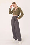 Kadın Antrasit Cırtlı Keten Palazzo Pantolon