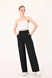 Kadın Siyah Cırtlı Keten Palazzo Pantolon