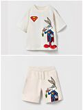 livaliva 3550 %100 Pamulu Erkek Çocuk Baskılı Şort Takım - KREM - 2-3 YAŞ