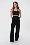 Kadın Siyah Yüksek Bel Cırtlı Palazzo Pantolon