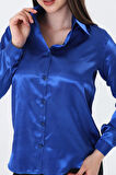 Kadın Hafif Dökümlü Sax Mavi Saten Gömlek