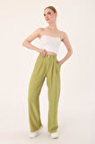 Kadın Yağ Yeşili Yüksek Bel Keten Palazzo Pantolon