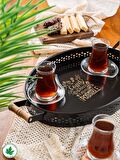 Tulipa Ahşap Kulplu Desenli Oval Metal Servis Tepsisi 37cm, Kahve Tepsisi, Sunum Tepsisi (Possible Baskılı)