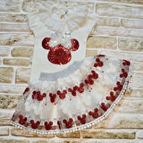 Lenaca 1-2-3 Yaş Payetli Mickey Nakışlı  Kısa Kollu Brode Etekli 2li Kız Bebek Takımı