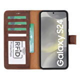 Samsung Galaxy S24 Uyumlu, Deri Cüzdanlı Kılıf, Antik Kahve
