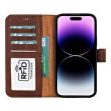 Apple iPhone 15 Plus Uyumlu Deri Cüzdanlı Kılıf MWWN G2 Kahve