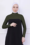 Balıkçı Yaka Boyunluklu Kolluk Haki Yeşil - Likralı Dik Yakalı Kadın Body Tesettür Crop Bolero