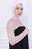 Balıkçı Yaka Boyunluklu Kolluk - Likralı Kadın Body Tesettür Crop Bolero-Pudra