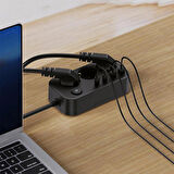 3’lü Akım Korumalı Priz | 2 USB + 2 Type-C Girişli | Anahtarlı ve Duvara Monte Edilebilir Uzatma Kablosu – Siyah