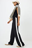 Kadın Siyah Yanı Beyaz Şeritli Geniş Paça Rahat Kesim Pantolon, Kadın Pantolon