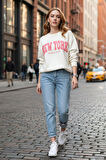Kadın Ekru New York Baskılı Bisiklet Yaka Uzun Kollu Oversize Pamuklu Sweatshirt - Kadın Sweatshirt