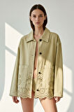 Kadın Yağ Yeşili Düğmeli Uzun Kollu Lazer Kesim Nakışlı %100 Pamuk Oversize -Yeni Sezon Kadın Ceket
