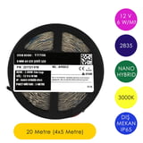 Ledronics Premium 12V Nano Hybrid Şerit LED - Dış Mekan IP65 Su Geçirmez, 6W/Mt 8mm 60 LED, 3000K Gün Işığı - 20 M (4x5 Metre)