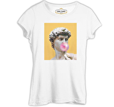 Michelangelo - David Behind Bubble Gum Beyaz Bayan Tshirt