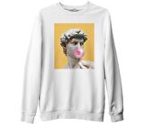 Michelangelo - David Behind Bubble Gum Beyaz Erkek Kalın Sweatshirt