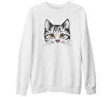 Kedi - Yüz Beyaz Kalın Sweatshirt