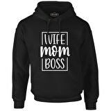 Wife Mom Boss Anneler Günü Siyah Unisex Fermuarsız Kapşonlu