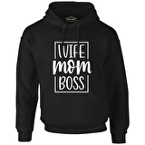 Wife Mom Boss Anneler Günü Siyah Unisex Fermuarsız Kapşonlu