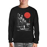 Man on the Boat in Japanese Landscape Siyah Çocuk Sweatshirt