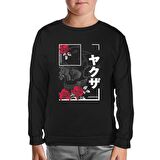 Japanese Quote and Flowers over a Skull Siyah Çocuk Sweatshirt