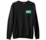 Squid Game-Number 001 Göğüs Logo Siyah Erkek Kalın Sweatshirt