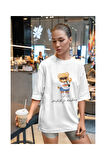 Kadın %100 Pamuklu Teddy Bear Baskılı Oversize T-shirt