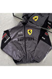 Ferrari Unisex Dijital Baskı Paraşüt Kumaş Oversize Baskılı Gri Rüzgarlık Yağmurluk