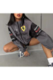 Ferrari Unisex Dijital Baskı Paraşüt Kumaş Oversize Baskılı Gri Rüzgarlık Yağmurluk