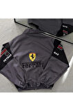 Ferrari Unisex Dijital Baskı Paraşüt Kumaş Oversize Baskılı Gri Rüzgarlık Yağmurluk