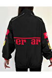 Ferrari Unisex Dijital Baskı Paraşüt Kumaş Oversize Baskılı Siyah Rüzgarlık Yağmurluk