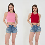 Wearflawless 2'li Adet Kadın Halter Yaka Fitilli Kaşkorse Askılı Sıfır Kol Crop Bluz Atlet