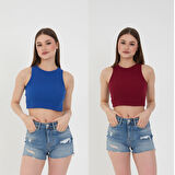 Wearflawless 2'li Adet Kadın Halter Yaka Fitilli Kaşkorse Askılı Sıfır Kol Crop Bluz Atlet