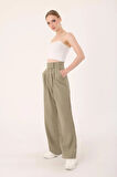 	Kadın Haki Cırtlı Keten Palazzo Pantolon