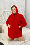 Kırmızı Kapşonlu Oversize Peluş Welsoft Sweat Panço Battaniye Giyilebilir Kışlık Pijama