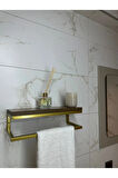 Fulya Banyo Ahşap Raflı Gold Metal Havlu, Şal Askılık Ceviz Raf