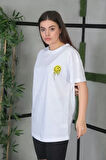 Livizmir Moda Unisex Bisiklet Yaka Baskılı Oversize T-Shirt - Beyaz