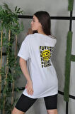 Livizmir Moda Unisex Bisiklet Yaka Baskılı Oversize T-Shirt - Beyaz