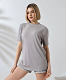 Livizmir Moda Unisex Bisiklet Yaka Slim Fit T-Shirt - Boyalı Gri
