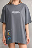 Livizmir Moda Unisex Bisiklet Yaka Baskılı Oversize T-Shirt - Gri