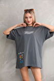 Livizmir Moda Unisex Bisiklet Yaka Baskılı Oversize T-Shirt - Gri