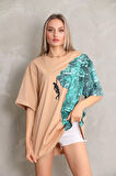 Livizmir Moda Unisex Bisiklet Yaka Baskılı Oversize T-Shirt - Bej